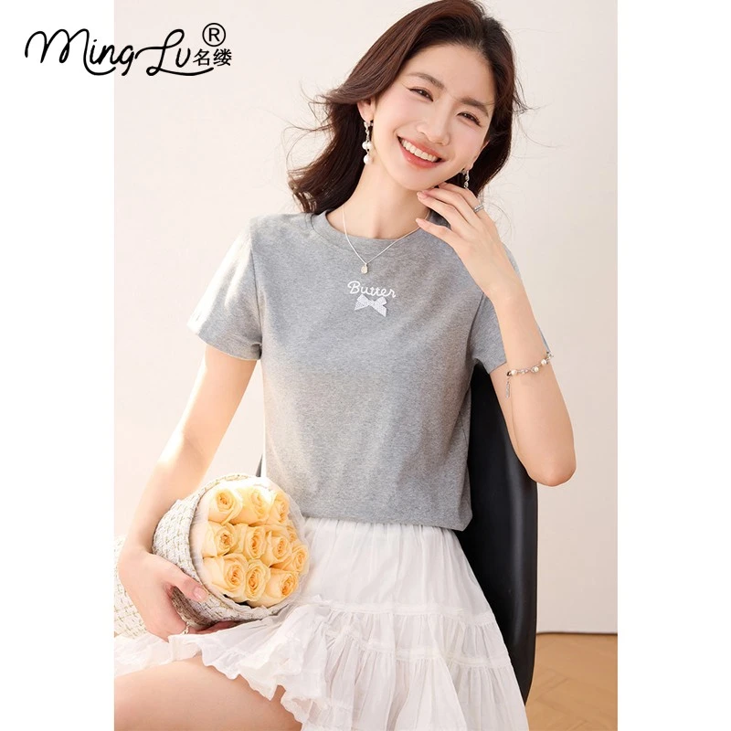 小个子灰色短袖t恤女2025新款夏季设计感蝴蝶结正肩短款上衣时尚