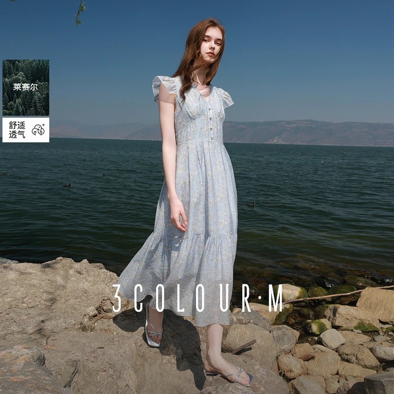 【莱赛尔】三彩2025夏季新款碎花连衣裙法式飞飞袖收腰A字长裙女M