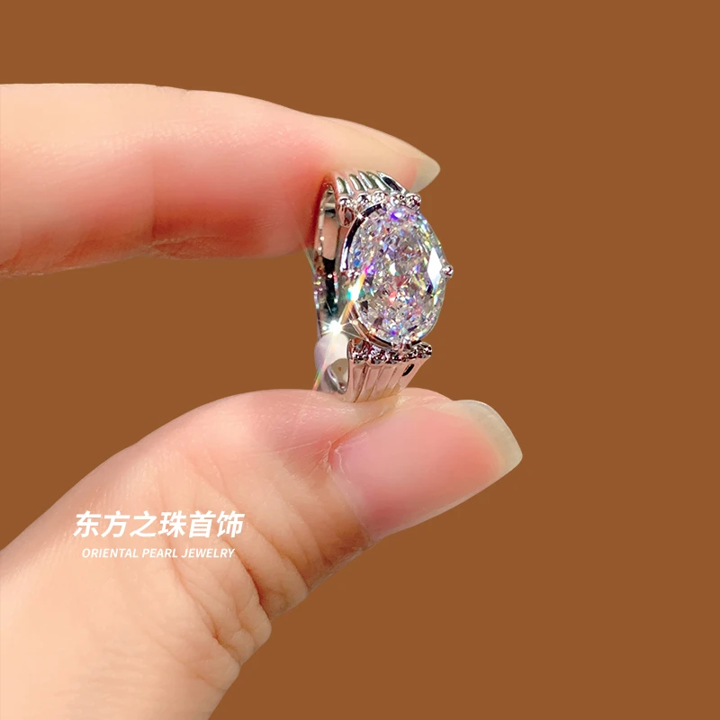 925银合成锆石戒指 银戒3克拉椭圆形戒指首饰婚戒精致结婚对戒