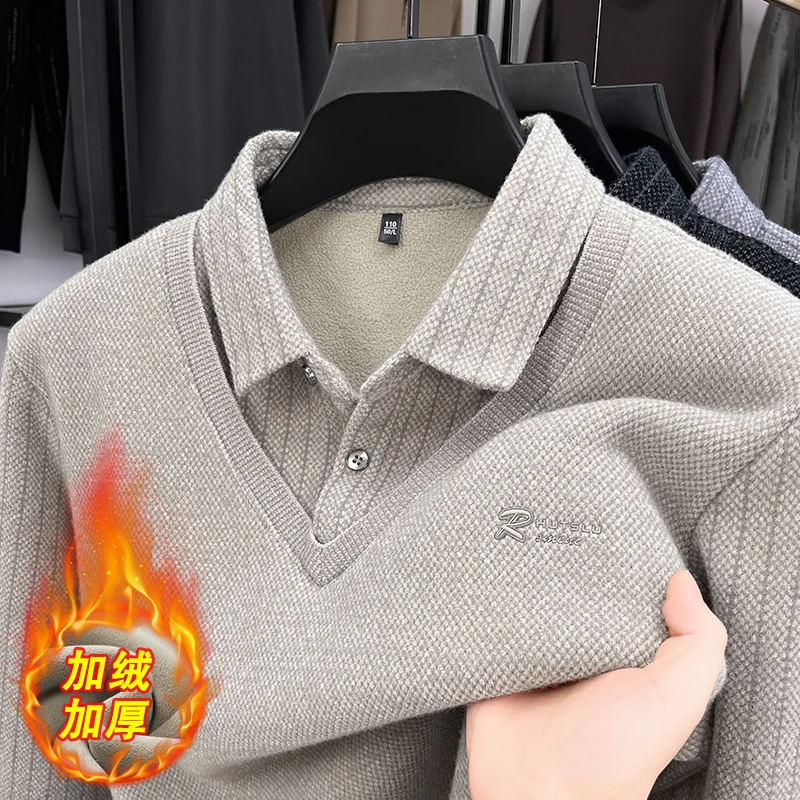2025秋冬男士长袖针织休闲宽松加厚商务翻领秋冬季假两件上衣