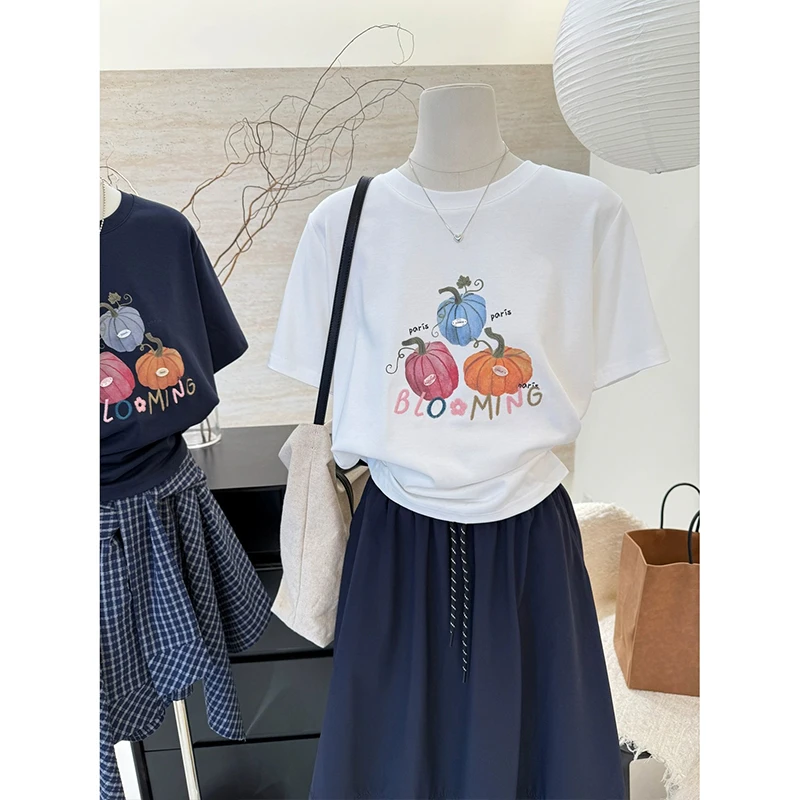 设计感宽松显瘦200斤胖mm短袖t恤女美式复古大码雪花棉上衣服夏季