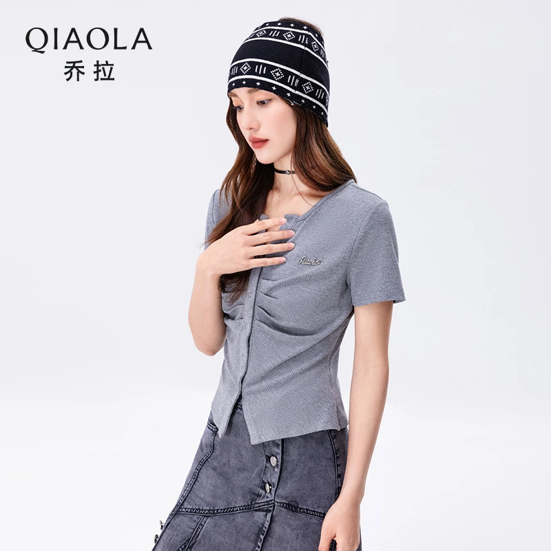 QIAOLA/乔拉【锈色罗曼史】夏坑条针织短袖显瘦牛仔裙时尚套装预售