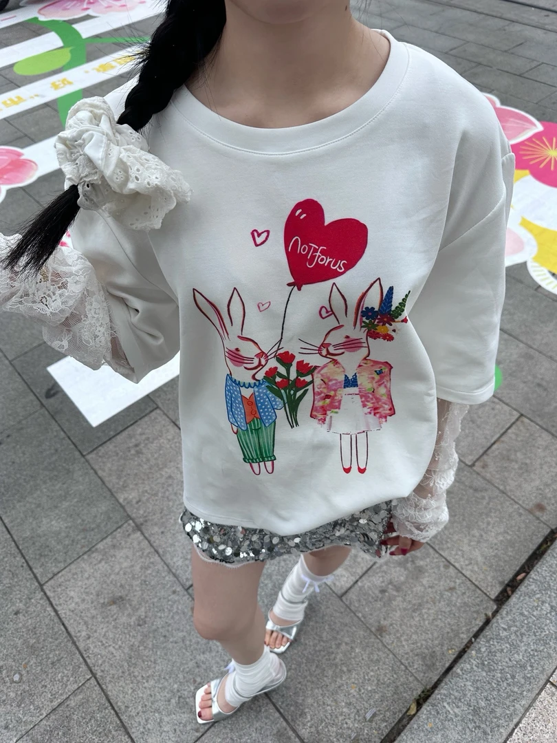 NOT FOR US白色蕾丝拼接两只兔子上衣