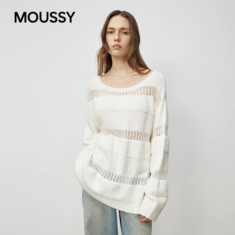 MOUSSY 2025秋季新品温柔慵懒风镂空拼接长袖针织衫028IAA70-0331