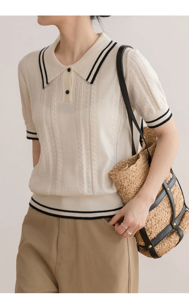 撞色polo领针织衫短袖女上衣薄款别致提花镂空翻领米白色半袖A23