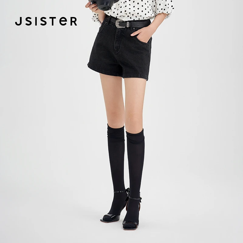 jsister 夏装新款 JS女装时尚黑色牛仔短裤
