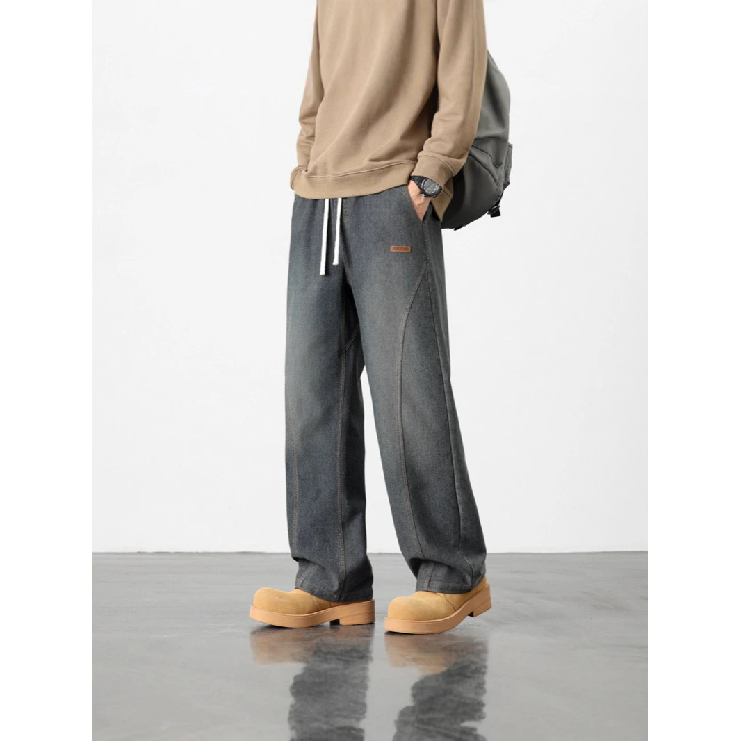 男士大码松紧腰抽绳春秋加肥加大休闲长裤潮流水洗做旧百搭牛仔裤