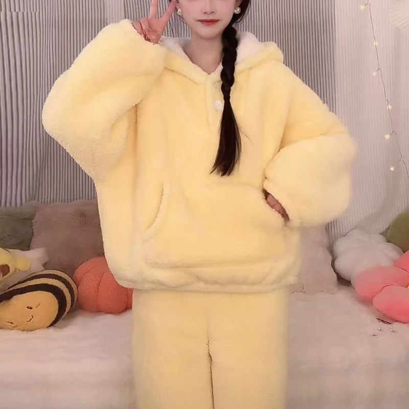 【小黄鸭】加绒加厚家居服套装时尚条纹秋冬帽衫保暖睡衣家居服冬季