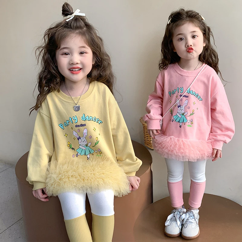 女童装韩系洋气可爱公主裙小童女宝宝卡通印花甜美拼接网纱卫衣裙