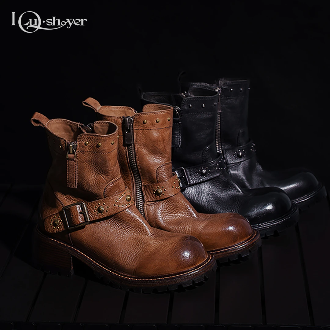 LOU SHOYER短靴女水洗马皮复古做旧粗跟皮带扣酷帅潮机车马丁靴女