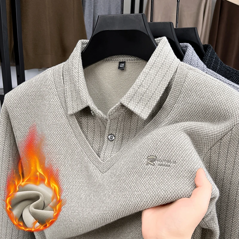 冬季新款男士加绒加厚假两件针织衫商务休闲保暖翻领长袖打底上衣