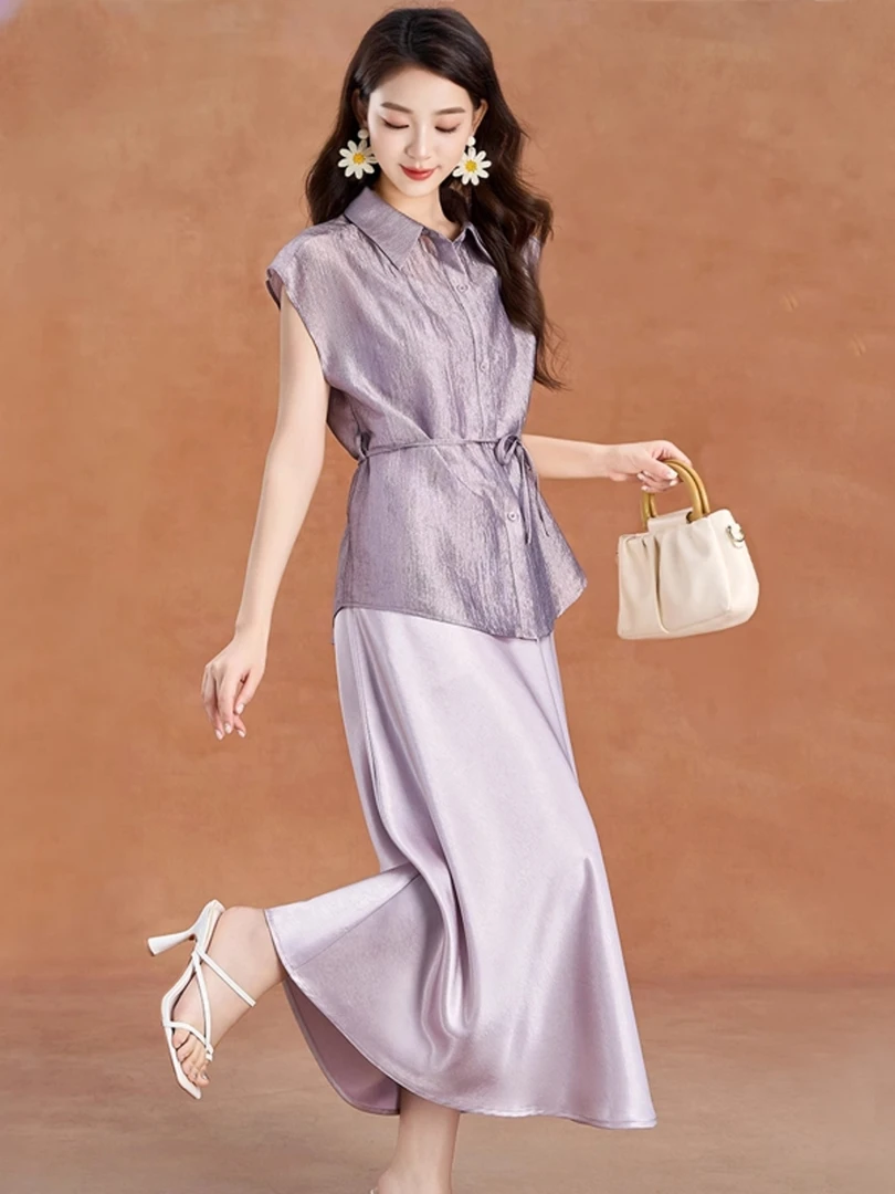 醋酸缎面衬衫套装连衣裙子女夏2025新款重要场合轻奢高级感两件套