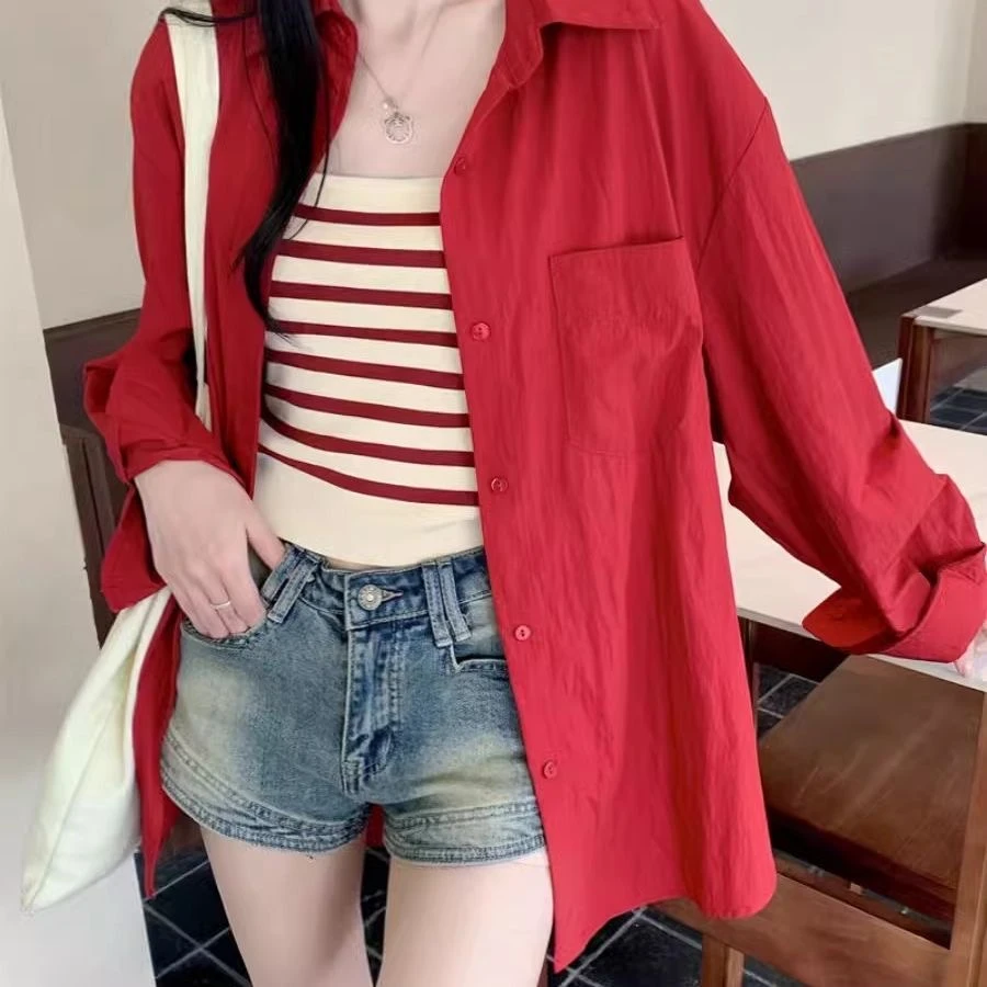 港风复古长袖红色衬衫女2026新款休闲内搭薄上衣宽松防晒衬衣外套