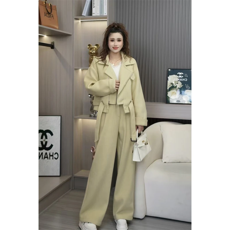 Liixu小个子毛呢羽绒内胆短外套女显瘦阔腿裤腰带三件套
