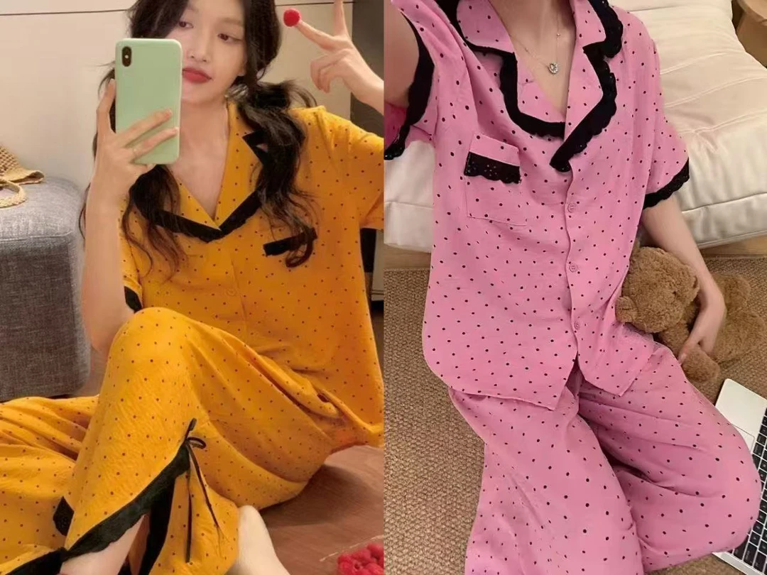 高级感波点睡衣2025新款夏季短袖蕾丝花边家居服套装外穿