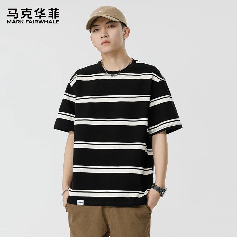 马克华菲潮流条纹短袖T恤男士2025夏季新款宽松休闲薄款半袖体恤