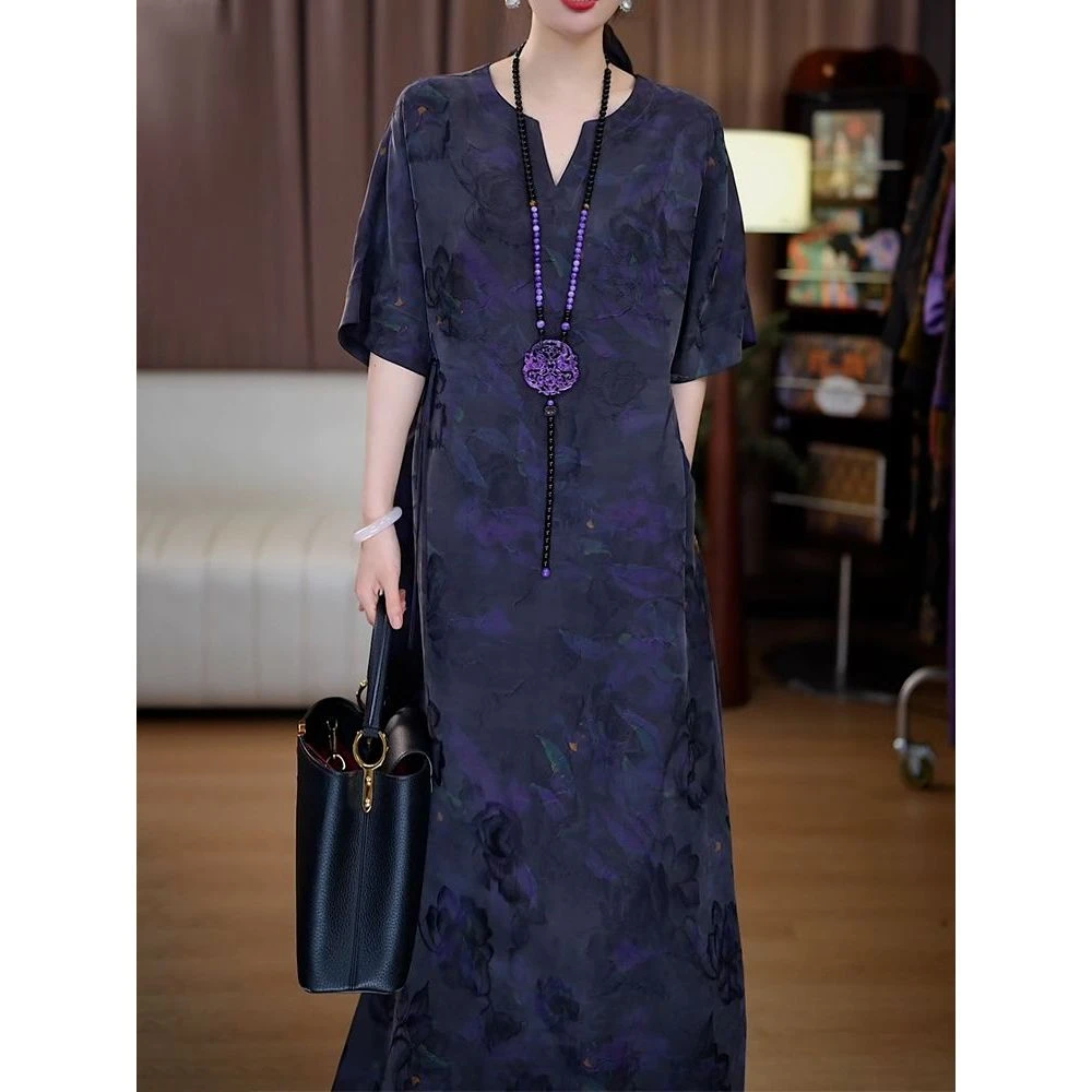 中式改良复古国风长裙2025夏季新款洋气宽松显瘦时尚减龄连衣裙