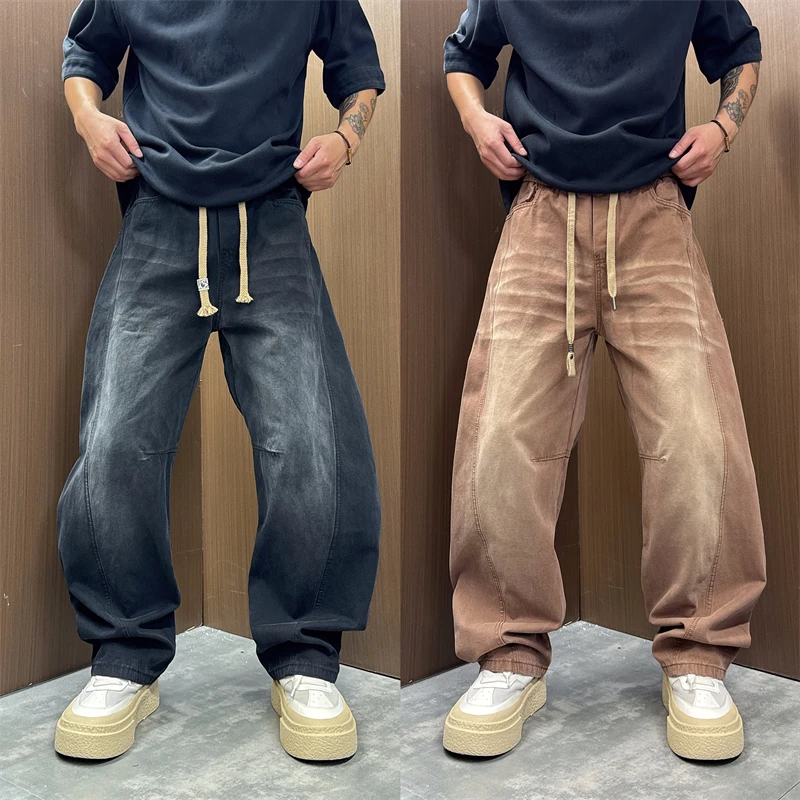 美式高街做旧休闲宽松2025秋冬季百搭垂感直筒弯刀水洗阔腿牛仔裤