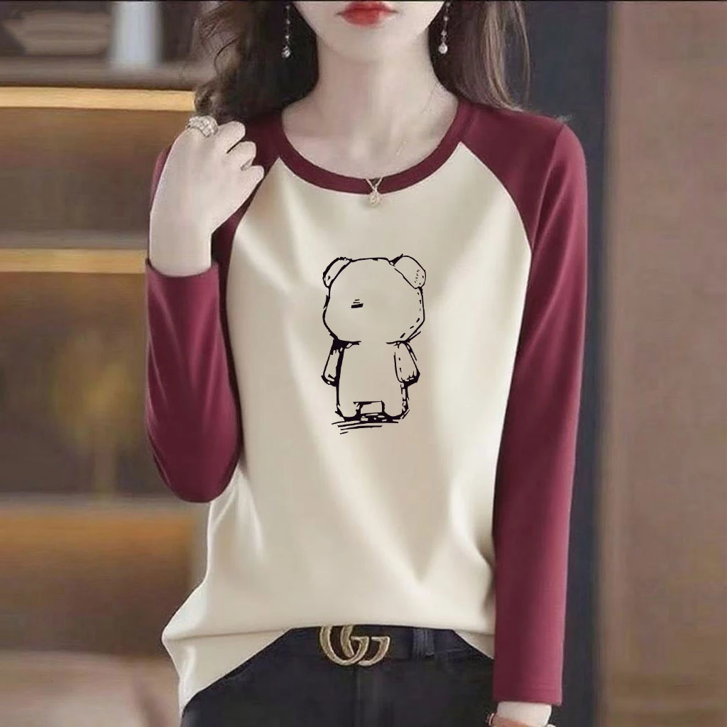 纯棉早秋T恤女新款大码胖mm秋季女装宽松显瘦拼接韩版百搭上衣女