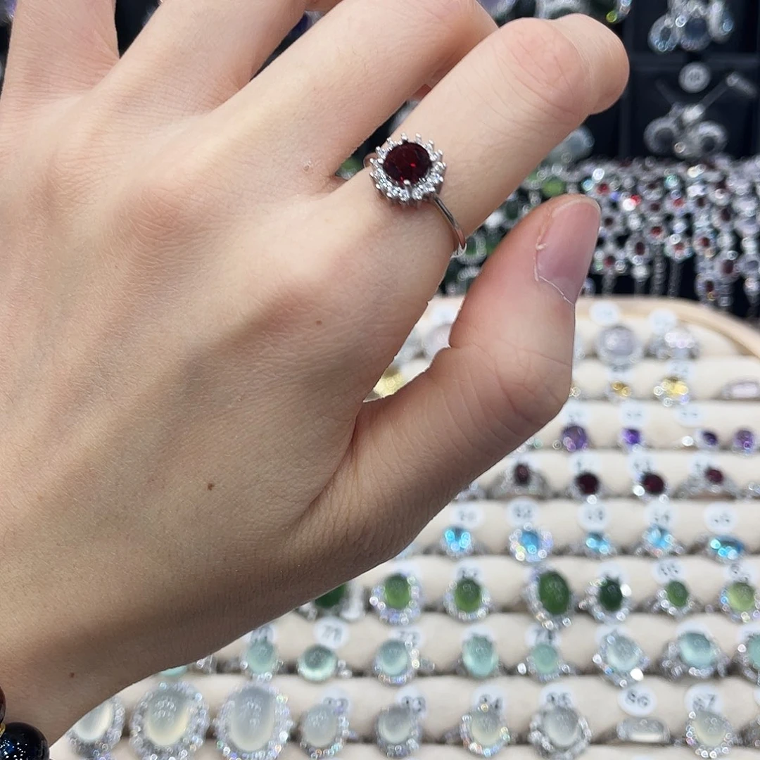 戒指石榴石银S925镶嵌戒指