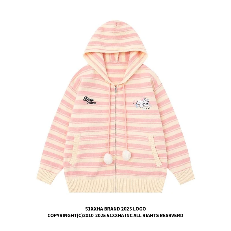 51嘻哈潮牌oversize条纹毛衣外套男美式卡通动物刺绣开衫针织线衣