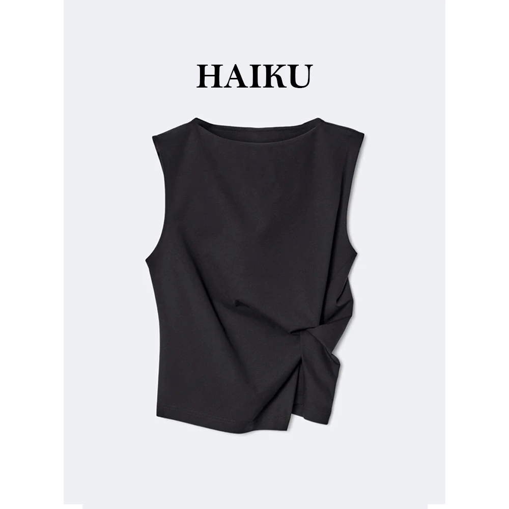 高级感百搭气质背心黑色女夏季外穿不规则设计感扭结短袖T恤上衣