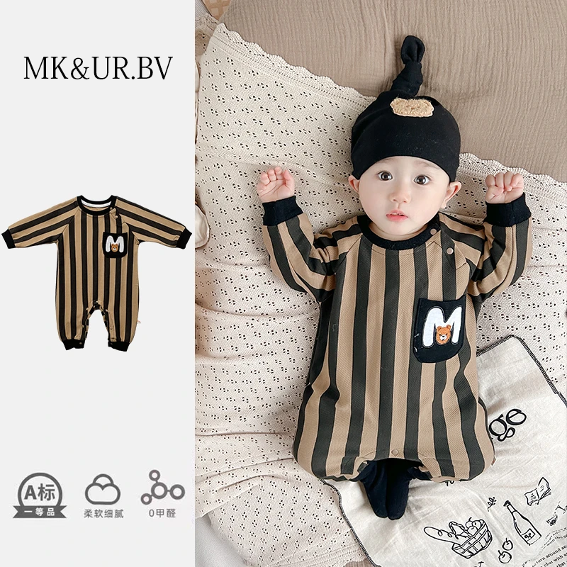 MK&UR.BV婴儿衣服竖条纹连体衣秋季装款男女宝宝超萌洋气外出哈衣