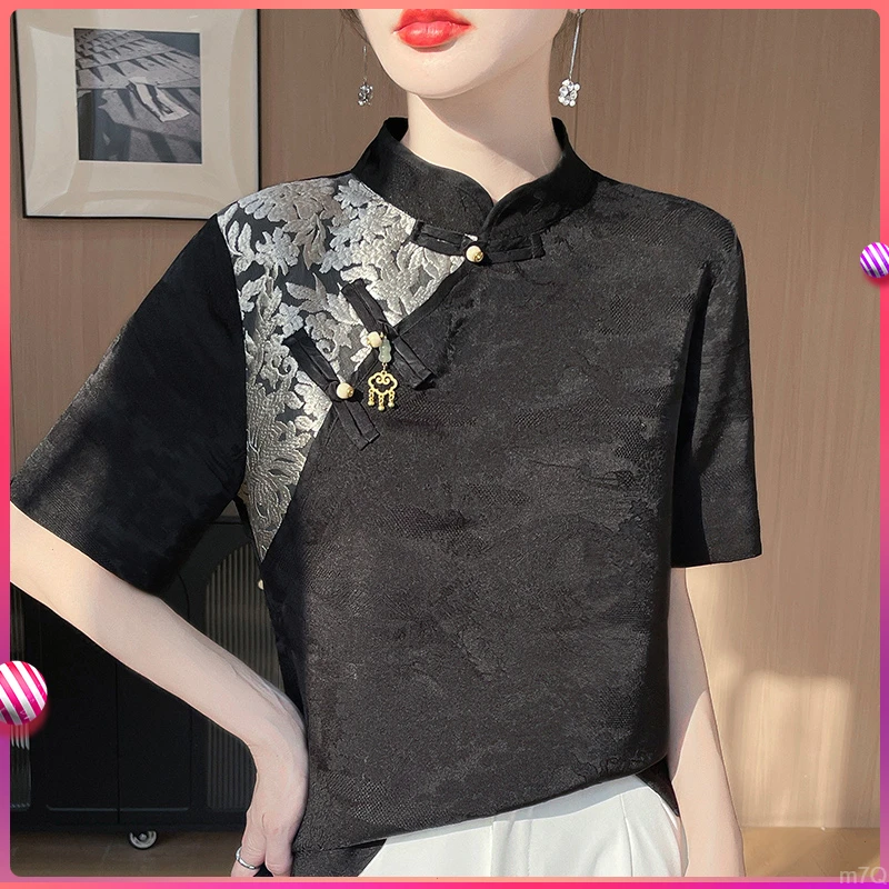 新中式显瘦刺绣高端短款国风盘扣立领复古缎面短袖女时尚提花百搭