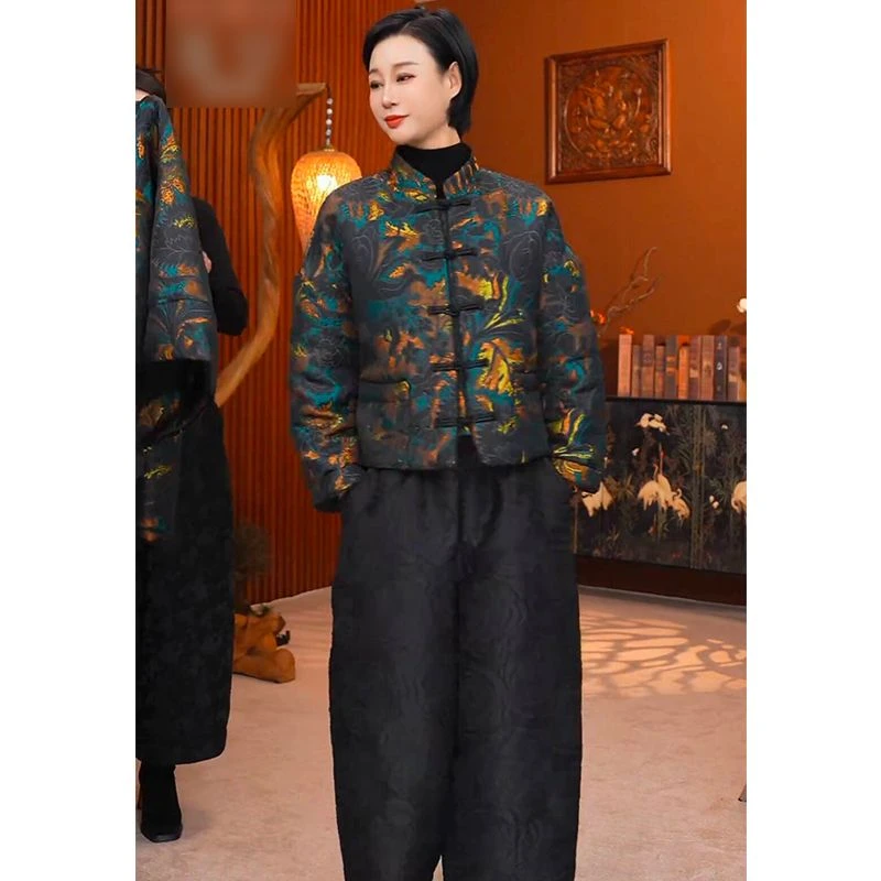 欧洲站2024冬季新款时尚质感高级国风盘扣立领棉服宽松休闲裤子女