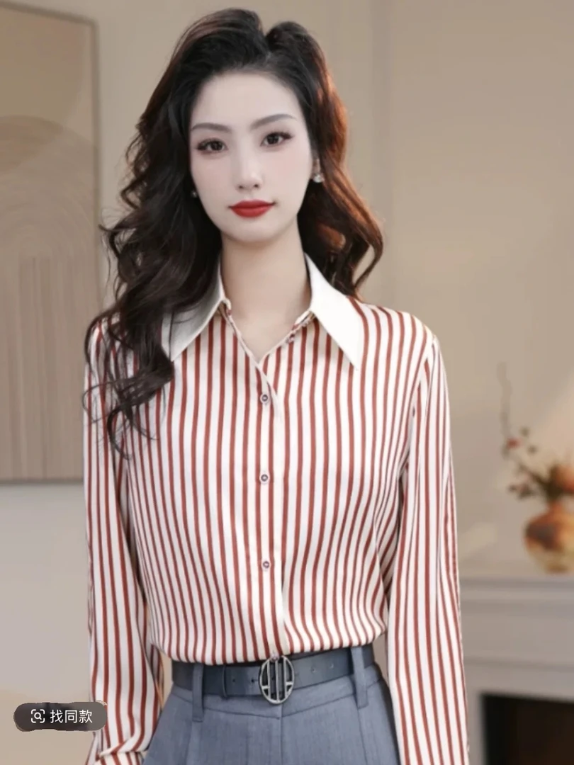 【商场同款】2025早春新款时尚休闲百搭翻领竖条纹娃娃领长袖衬衫女