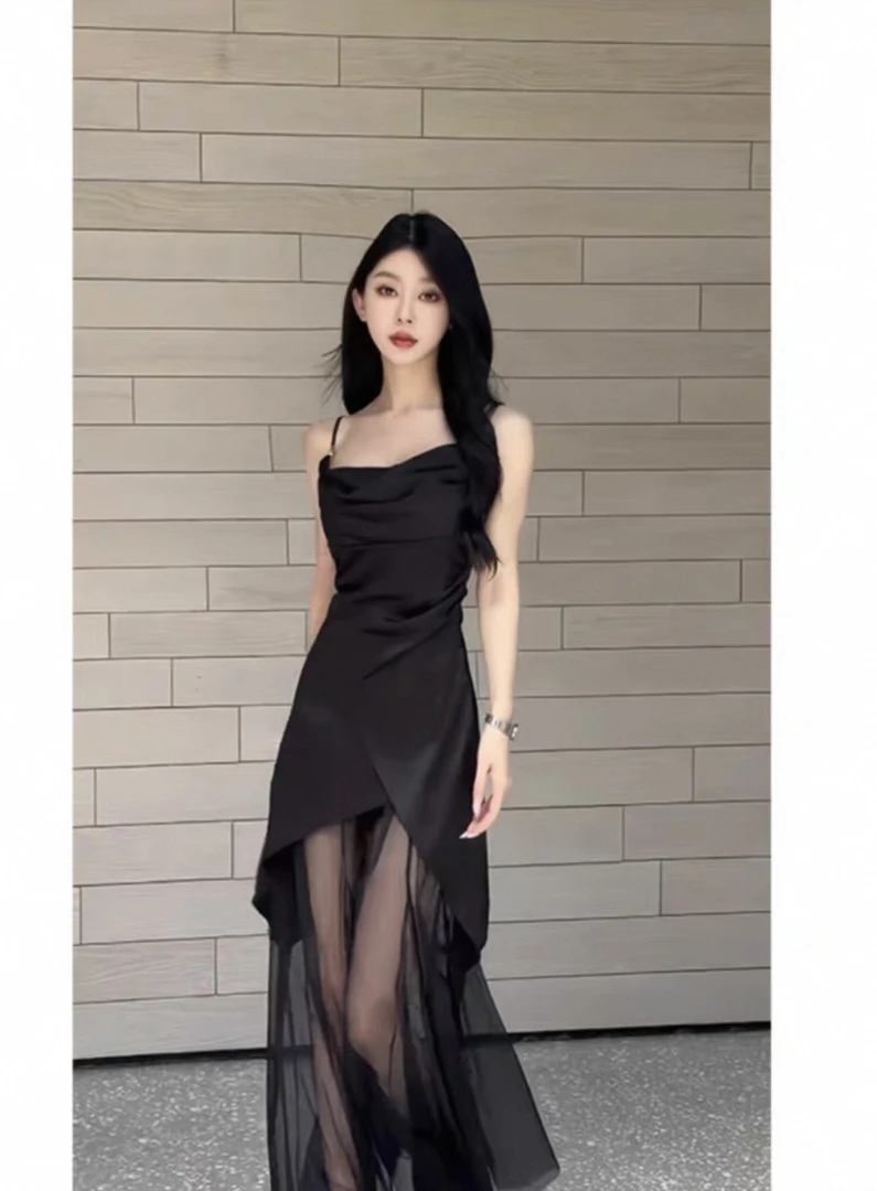 法式黑色吊带连衣裙网纱拼接不规则褶皱修身夏季长裙女