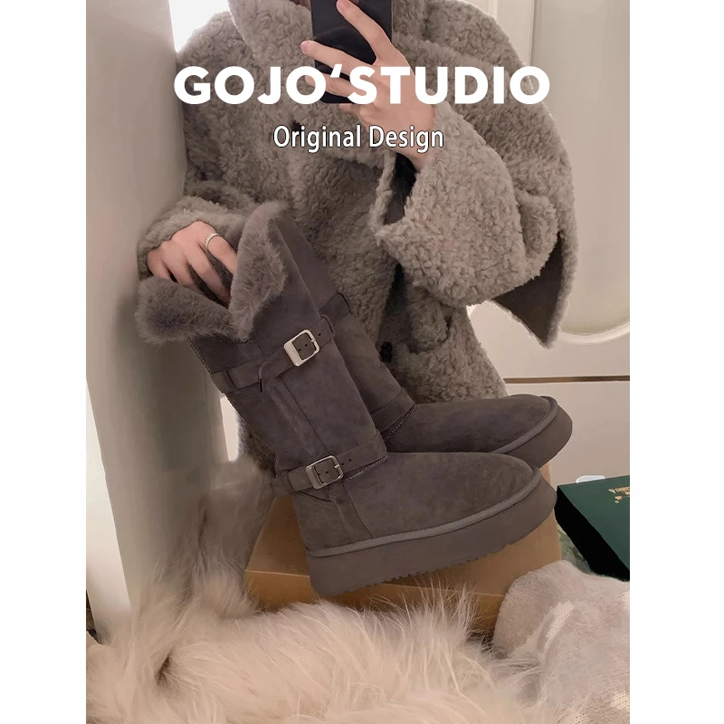 桑坡雪地靴女冬季新款皮扣骑士靴加绒加厚棉鞋羊时尚经典毛长筒靴