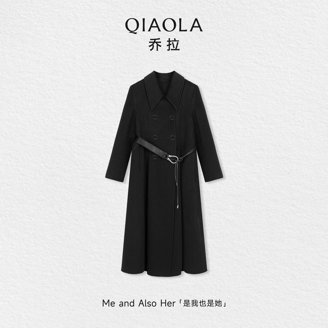 QIAOLA/乔拉【霜华长裳】秋冬绵羊毛双面呢时尚简约双排扣大衣外套