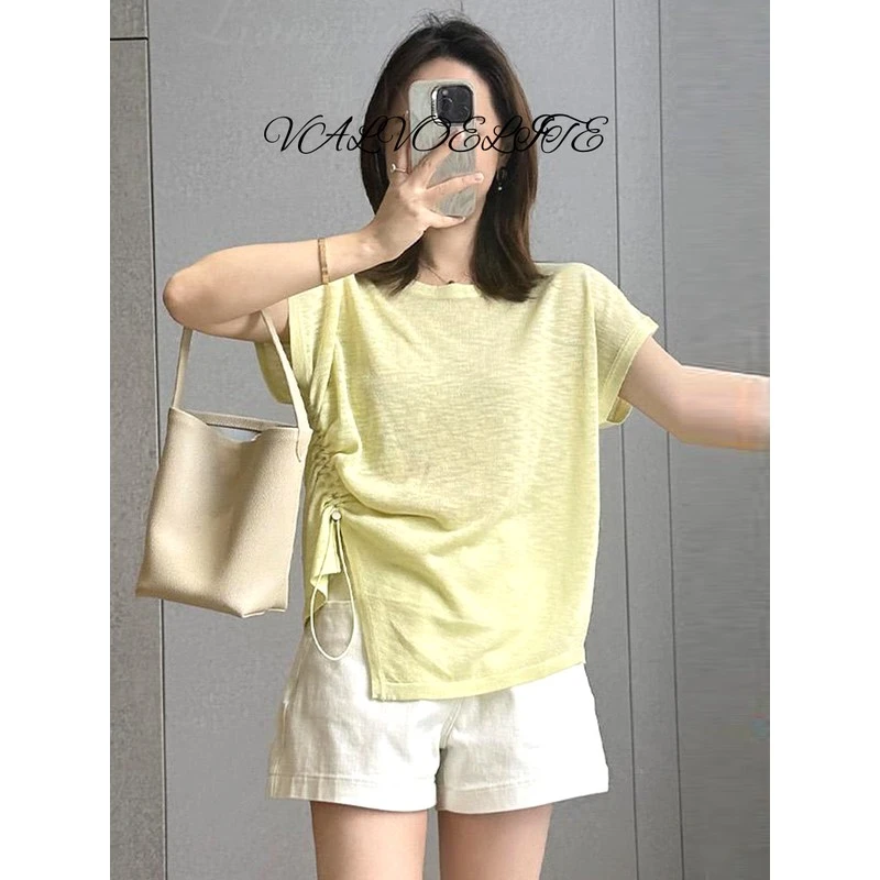 不规则薄款冰丝针织短袖t恤女士2025新款爆款夏季设计感显瘦上衣
