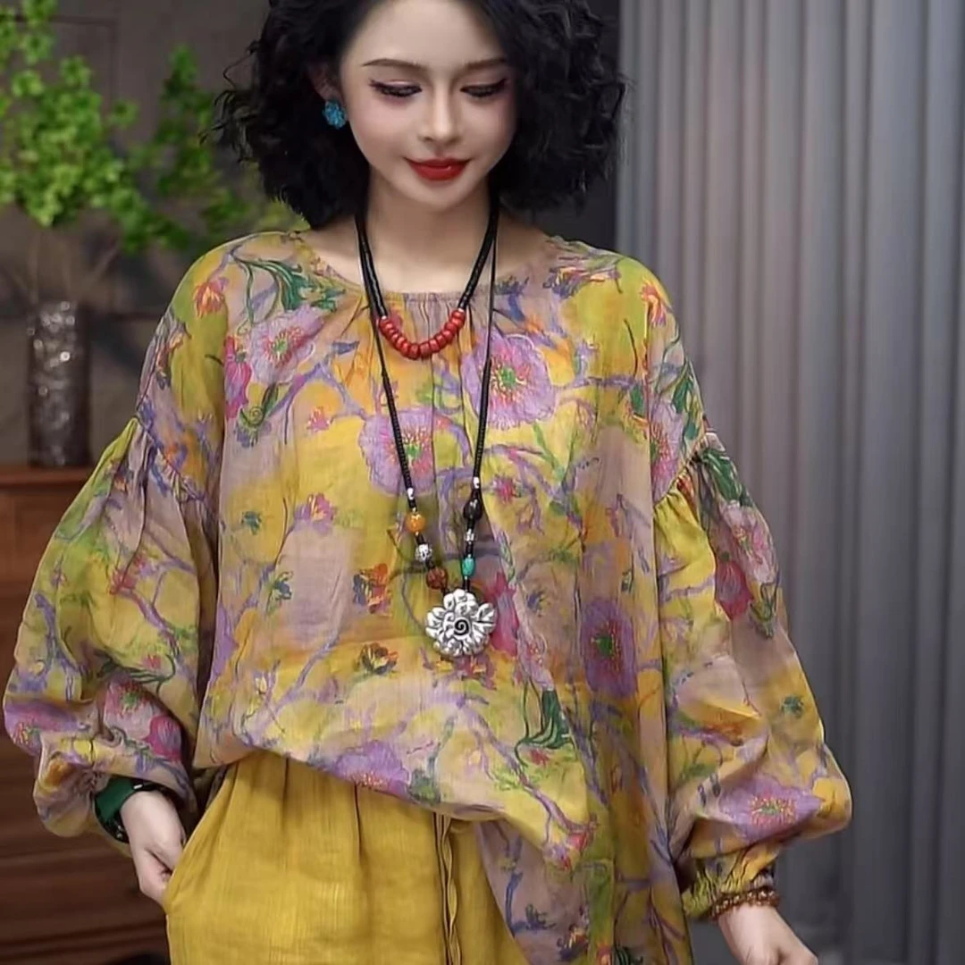 【·浮云月·乔一推荐】2025秋新款国风复古中式女苎麻质感衬衫80066