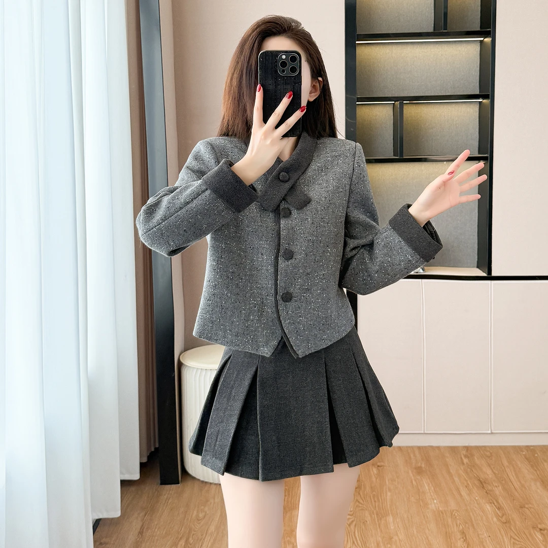 高级感小香风交叉领短外套➕短裙两件套洋气套装气质显瘦小个子