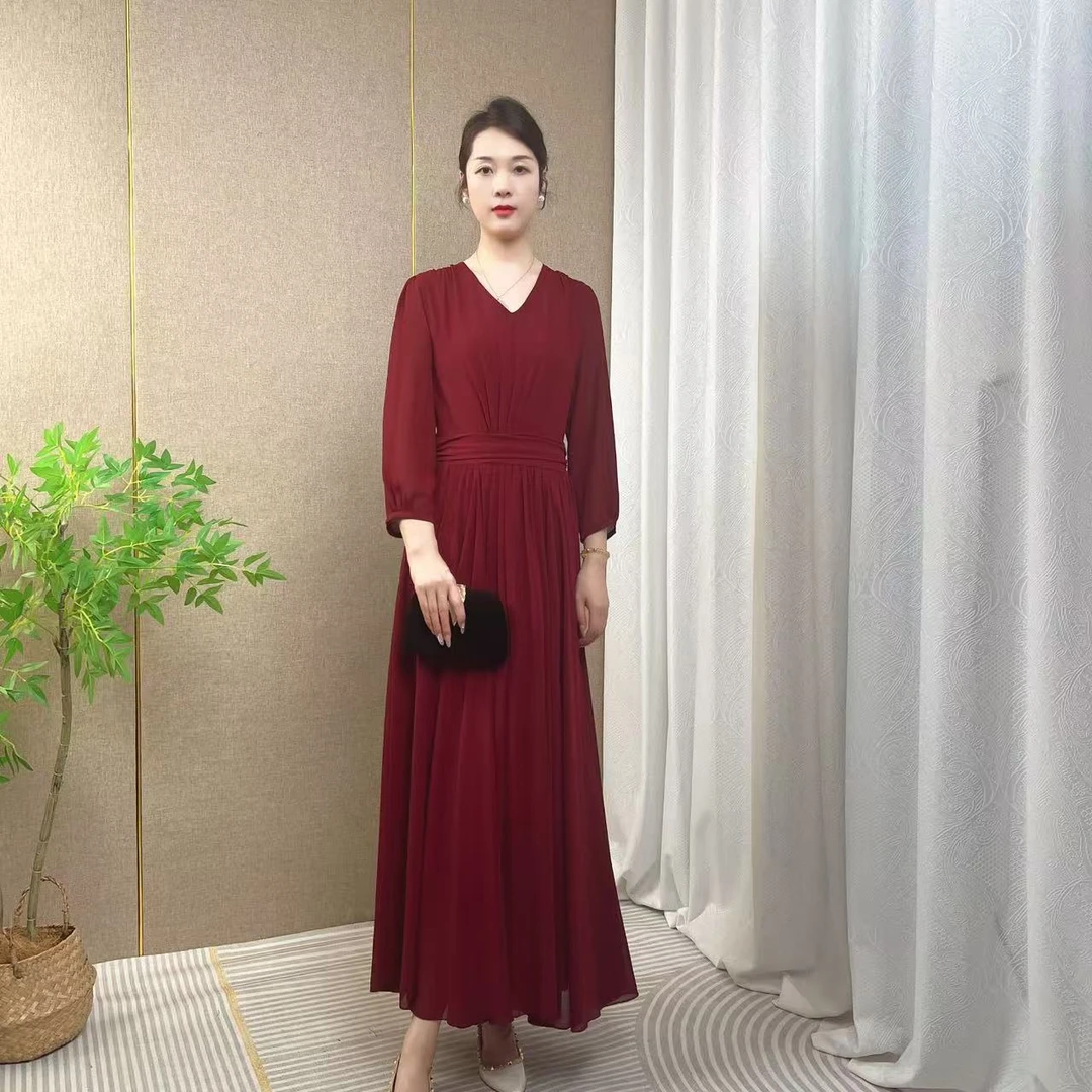 2025新款连衣裙红色春夏极简风长袖收腰宴会晚礼服轻奢显瘦高贵