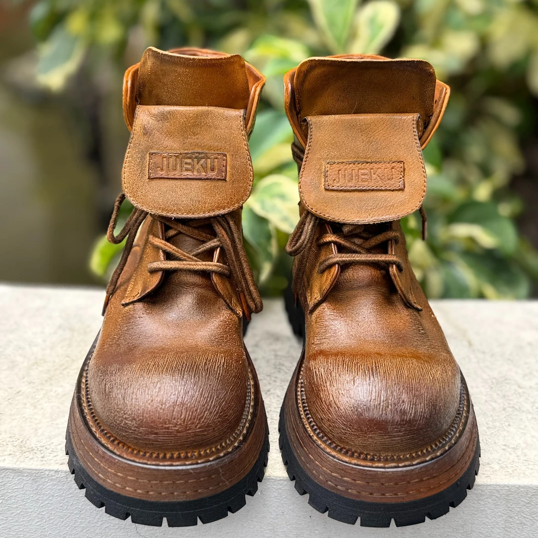 力SF原创纯手工女鞋意大利复古水洗马皮百搭焦糖色马丁靴男女同款