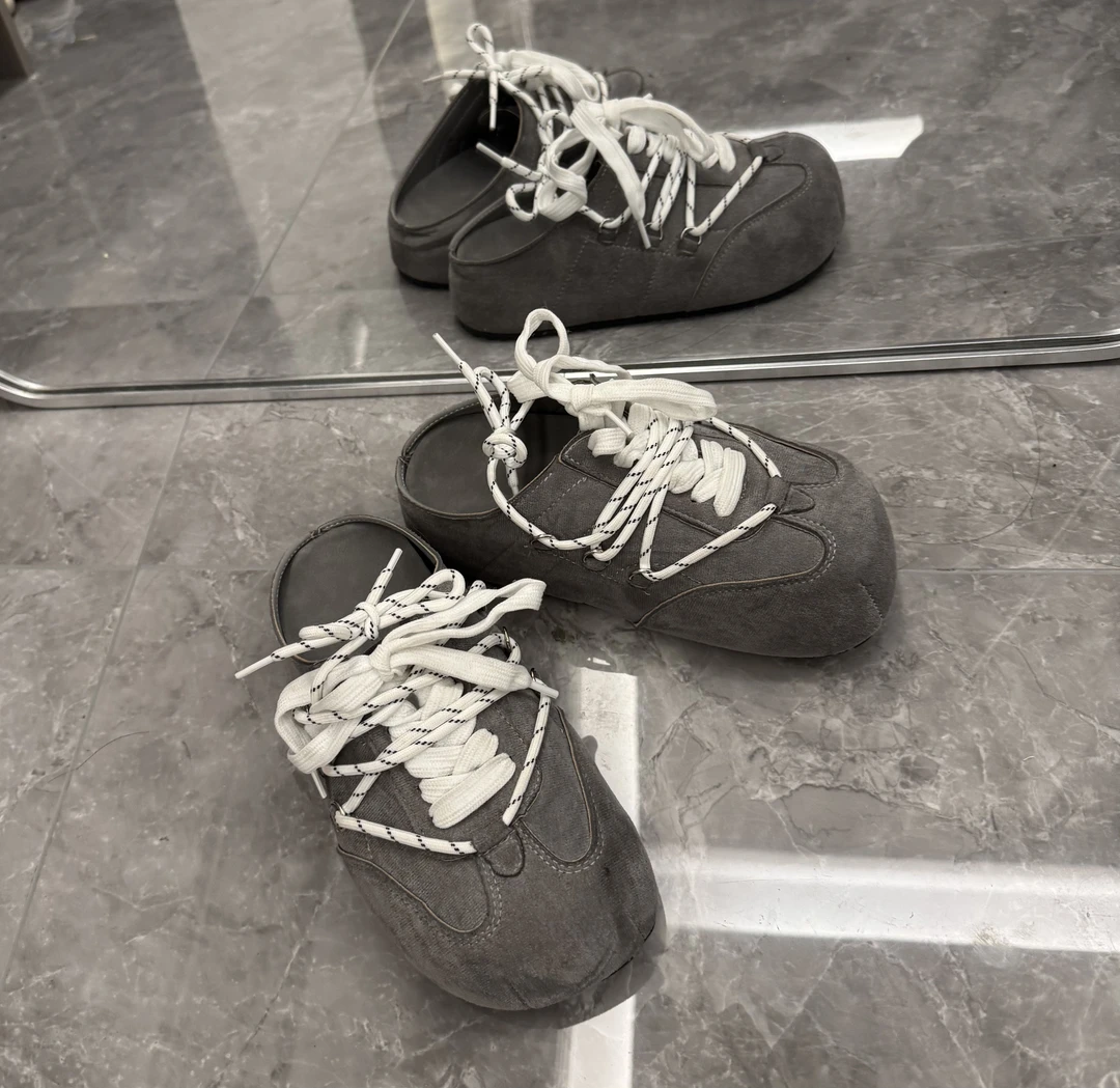 倪不叶【4.5cm厚底增高面包半拖鞋】女复古一脚蹬绑带包头2025