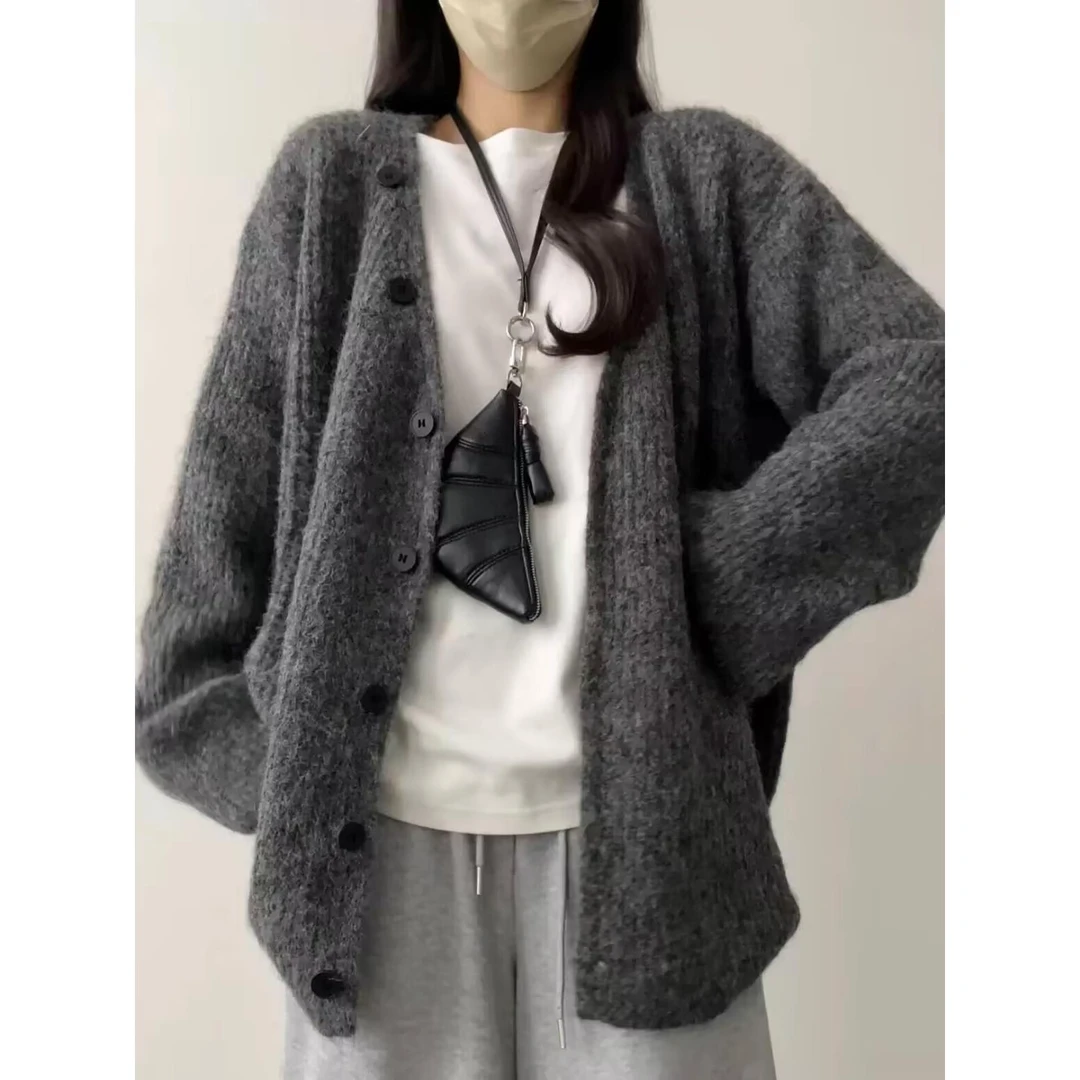 韩系慵懒风简约单排扣针织开衫女春秋冬新款时尚宽松显瘦百搭外套