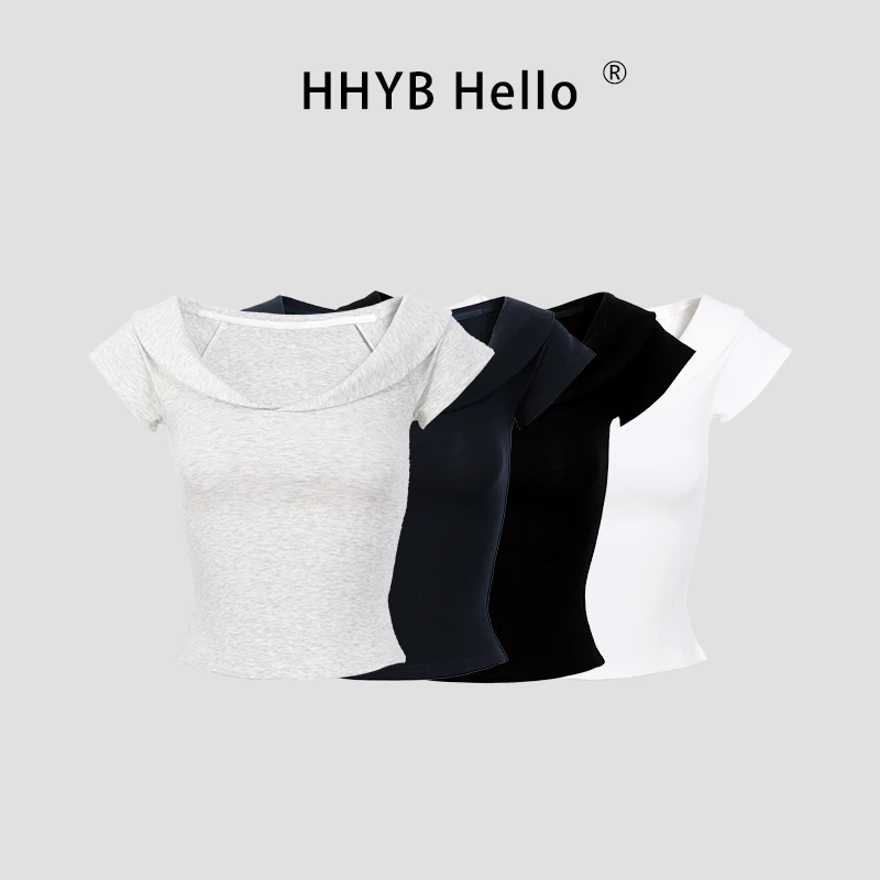 HHYB Hello【YD】夏季新款短袖修身显瘦短袖翻领T恤百搭上衣250324
