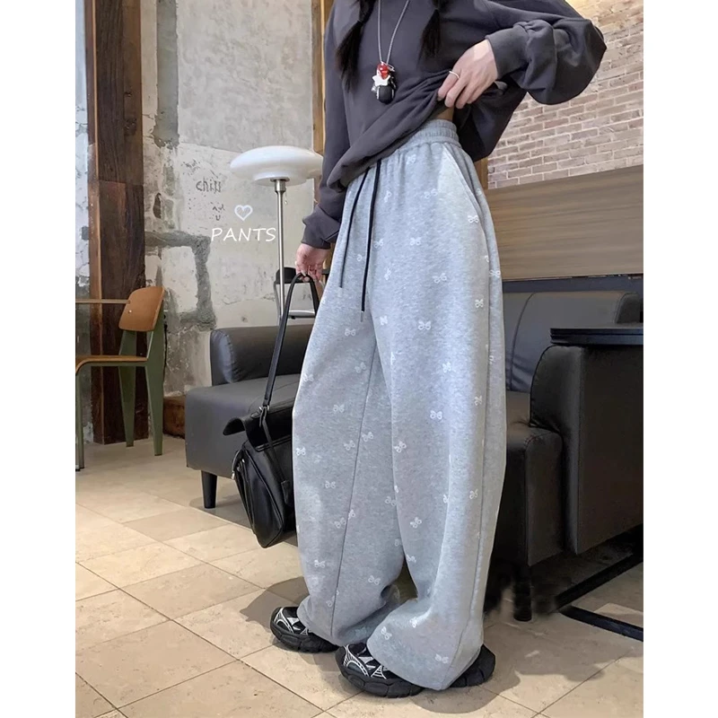 蝴蝶结印花休闲裤女春秋季新款韩系高腰显瘦抽绳阔腿拖地长裤卫裤