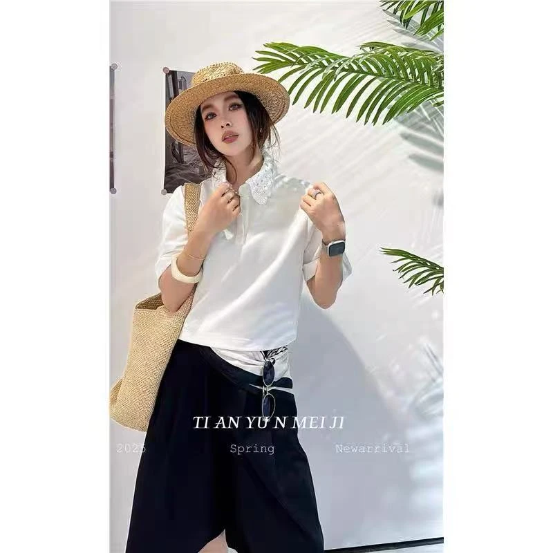 欧洲站2025夏季新款时尚百搭翻领短袖T恤2201