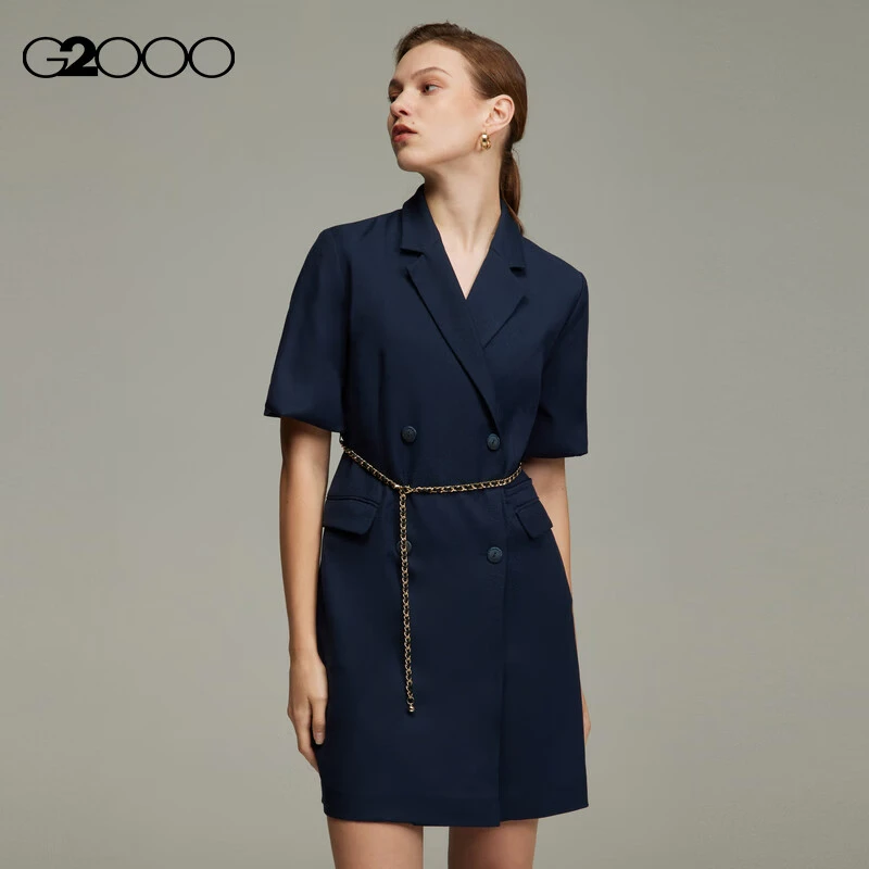G2000女装西装领双排扣商场款淑女泡泡袖甜美连衣裙