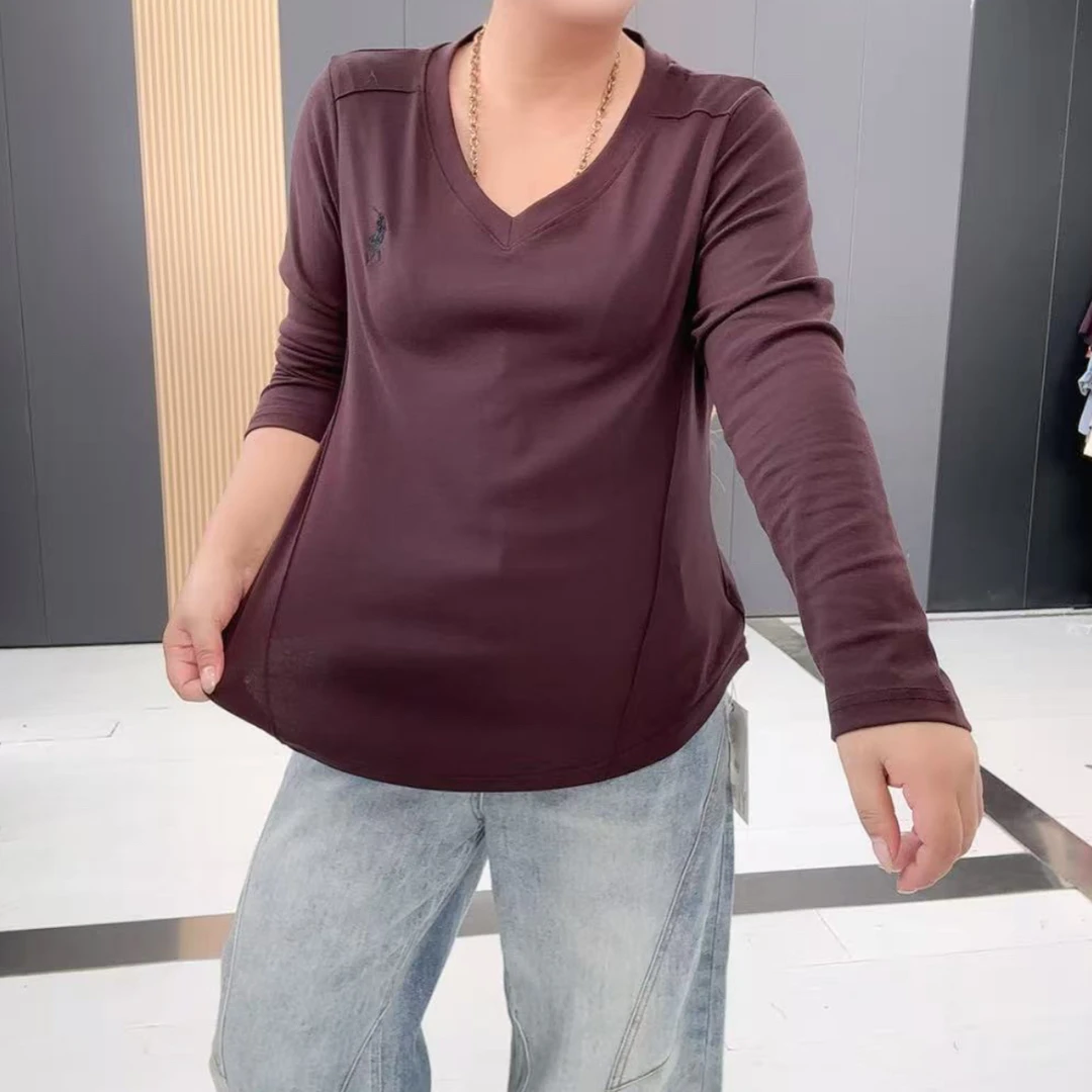 5202梵#大码长袖休闲百搭显瘦V领T恤修身纯色打底女士衫