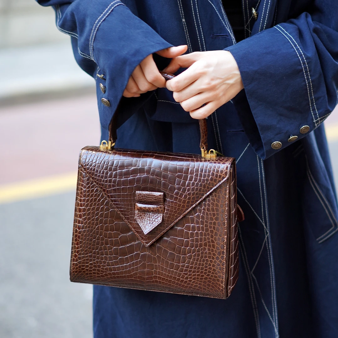 95新  小众JRA认证焦糖色鳄鱼皮手拎斜挎包