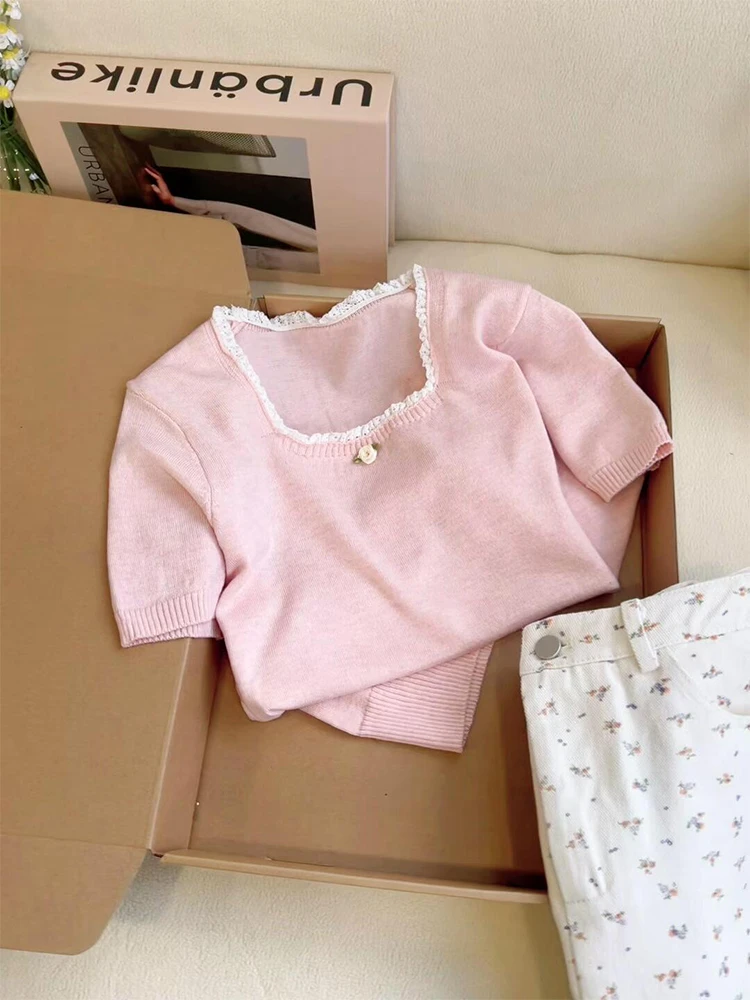 粉色温柔方领花边针织衫女2025夏季韩系小众设计感蕾丝T恤上衣