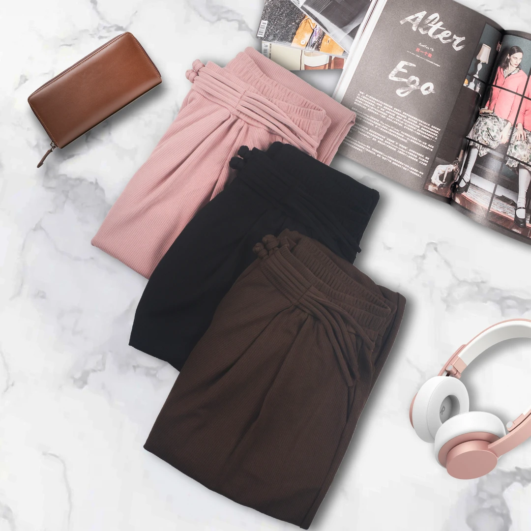 B142高弹力时尚阔腿裤运动高腰女装休闲裤纯色宽松直筒