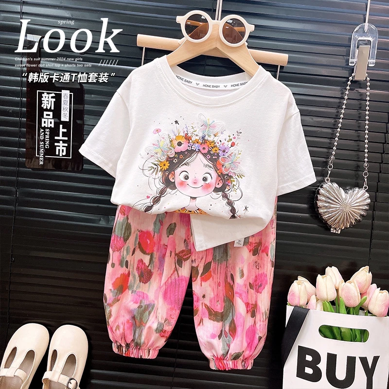 中大童套装2025夏季新款卡通T恤+碎花防蚊裤两件套KB三只蝴蝶短袖