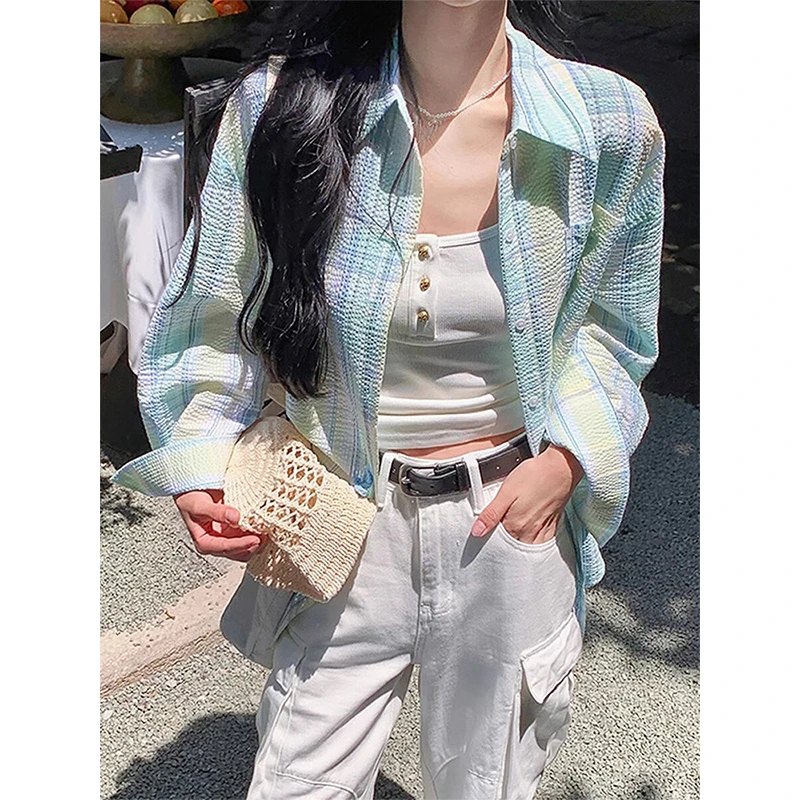 曼波风薄荷绿格子衬衫男女夏季薄款透气防晒衬衣宽松休闲上衣外套